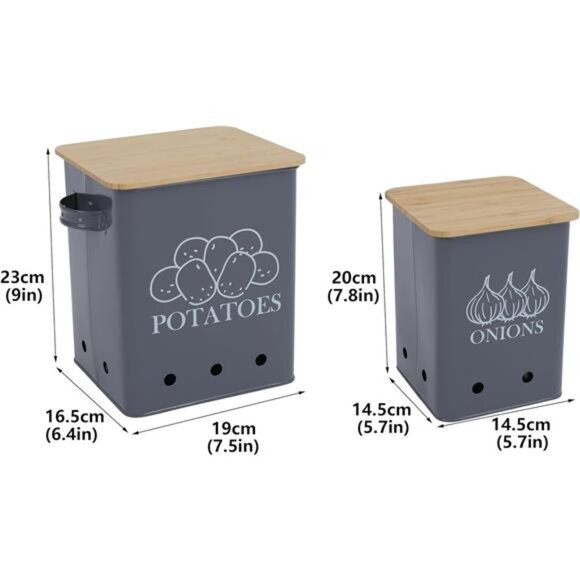 Kitchen Vegetable Storage Tins Set of 2 for Potatoes, Onion, with wooden lid - Picture 3 of 7